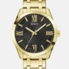 Goudkleurig en zwart analoog horloge