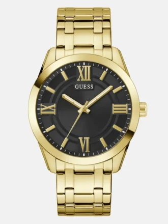 Goudkleurig en zwart analoog horloge