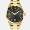 Goudkleurig en zwart analoog horloge