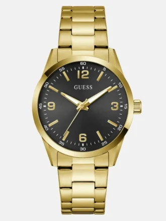 Goudkleurig en zwart analoog horloge