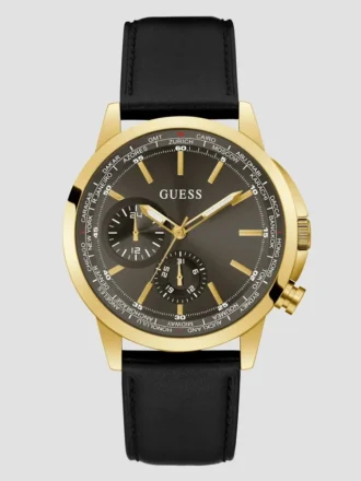 Goudkleurig en zwart lederen multifunctioneel horloge