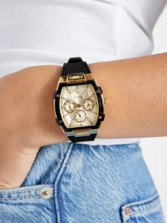 Goudkleurig en zwart multifunctioneel horloge met siliconenband