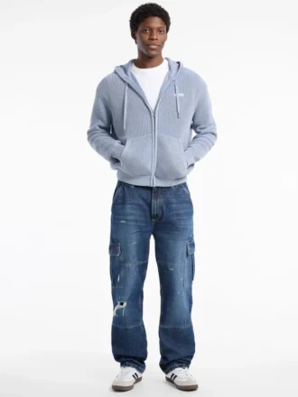 Hoodie met geribde kraag en doorlopende rits