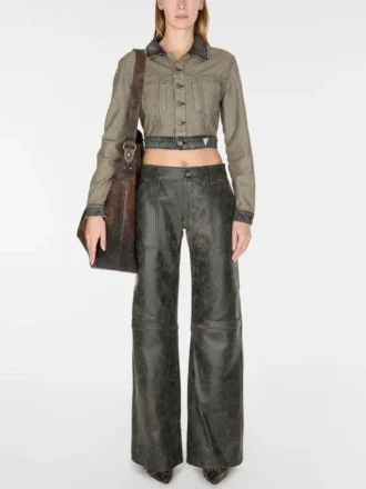 Leren broek met wijde pijpen en craquelé-effect