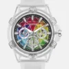 Multifunctioneel horloge met regenboogmozaïek en witte siliconen band