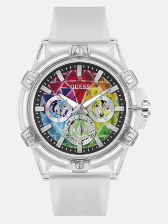 Multifunctioneel horloge met regenboogmozaïek en witte siliconen band