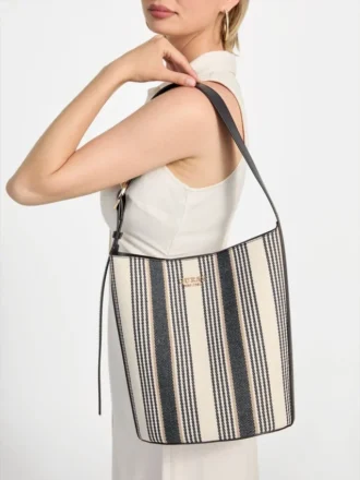 Nicolette Gestreepte canvas grote bucket bag
