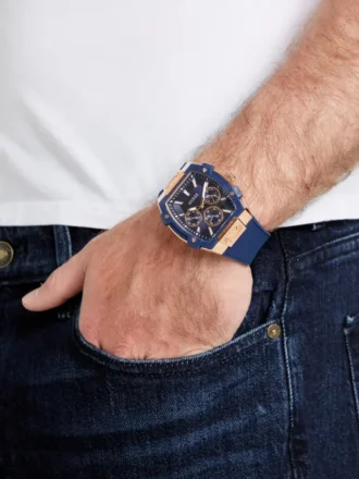 Roségoudkleurig en blauw multifunctioneel siliconenhorloge
