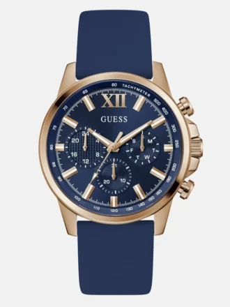Roségoudkleurig en blauw siliconen chronograafhorloge