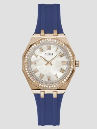 Roségoudkleurig en marineblauw siliconen analoog horloge