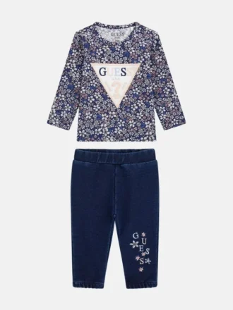 Set met T-shirt met bloemenlogo en gebreide broeken (0-24 maanden)