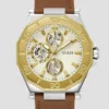 Tweekleurig multifunctioneel horloge met bruin leer Tweekleurig multifunctioneel horloge met bruin leer