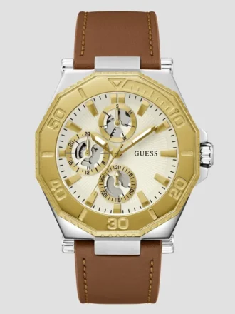 Tweekleurig multifunctioneel horloge met bruin leer