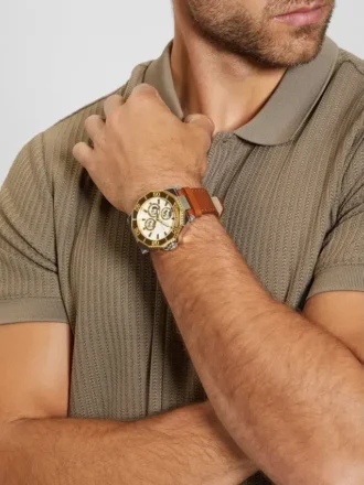 Tweekleurig multifunctioneel horloge met bruin leer