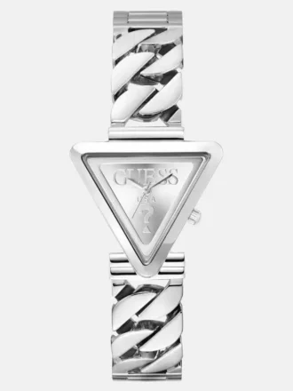 Zilverkleurig analoog horloge met driehoekige bandbevestiging