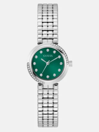 Zilverkleurig analoog horloge met groene wijzerplaat