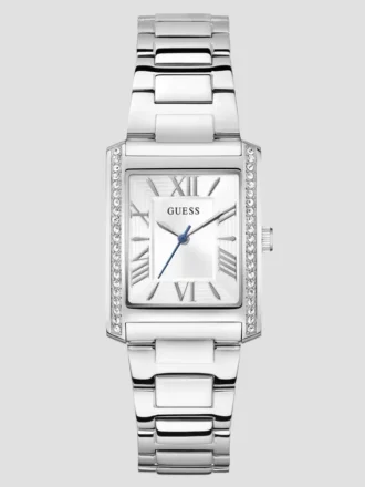 Zilverkleurig analoog horloge met vierkante wijzerplaat en kristallen