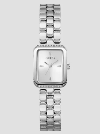 Zilverkleurig analoog horloge met vierkante wijzerplaat en textuur