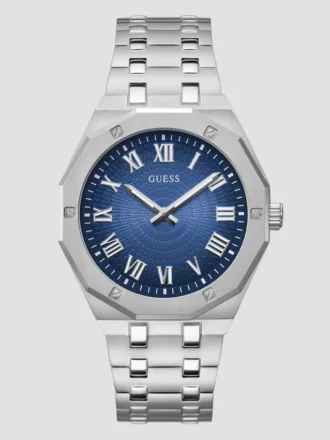 Zilverkleurig en blauw achthoekig analoog horloge