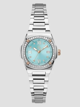 Zilverkleurig en blauw analoog horloge