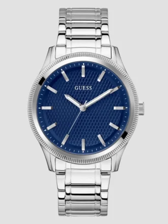 Zilverkleurig en blauw analoog horloge