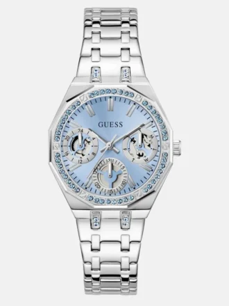 Zilverkleurig en blauw multifunctioneel horloge