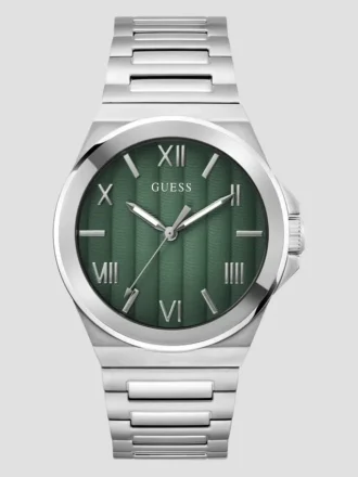 Zilverkleurig en groen analoog horloge