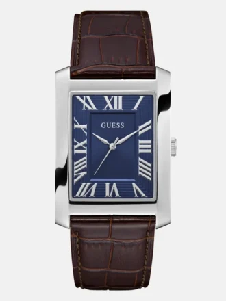 Zilverkleurig en marineblauw analoog horloge
