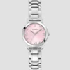 Zilverkleurig en roze analoog horloge