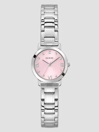 Zilverkleurig en roze analoog horloge