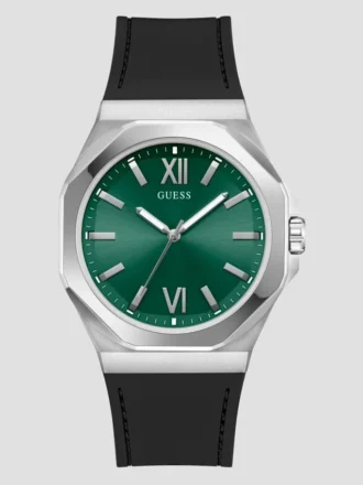 Zilverkleurig en zwart analoog horloge