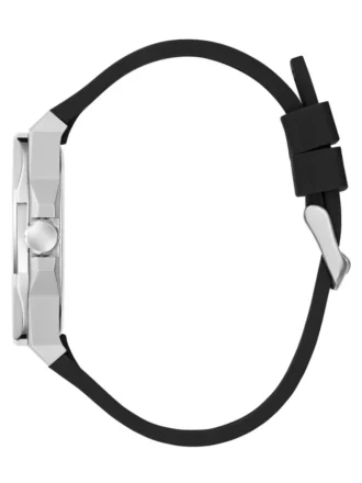 Zilverkleurig en zwart analoog horloge