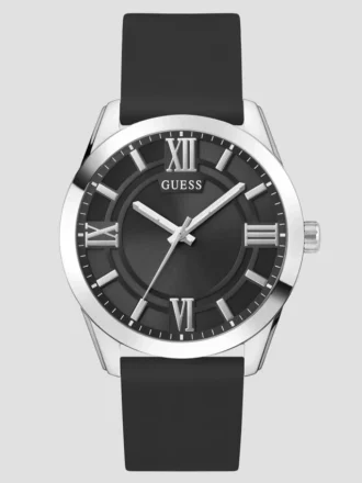 Zilverkleurig en zwart siliconen analoog horloge