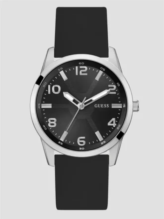 Zwart en zilverkleurig analoog siliconenhorloge